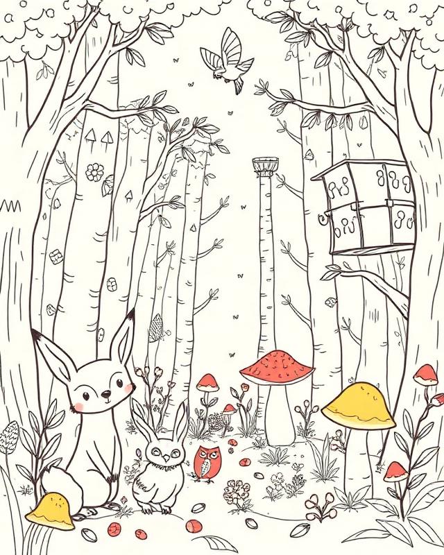 Coloring page example: "Woodland animals in a magical forest"