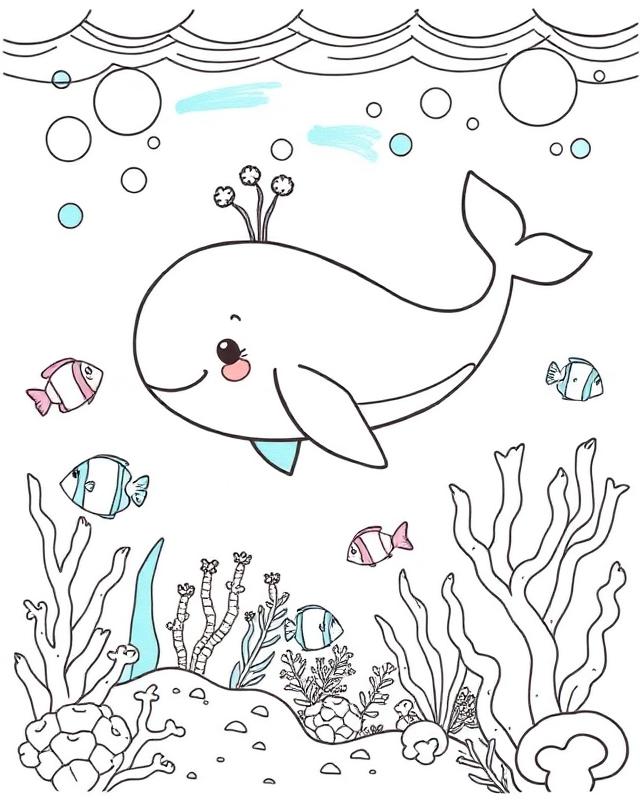 Coloring page example: "A friendly whale in an underwater world"
