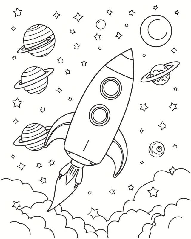 Coloring page example: "A rocket ship adventure in outer space"
